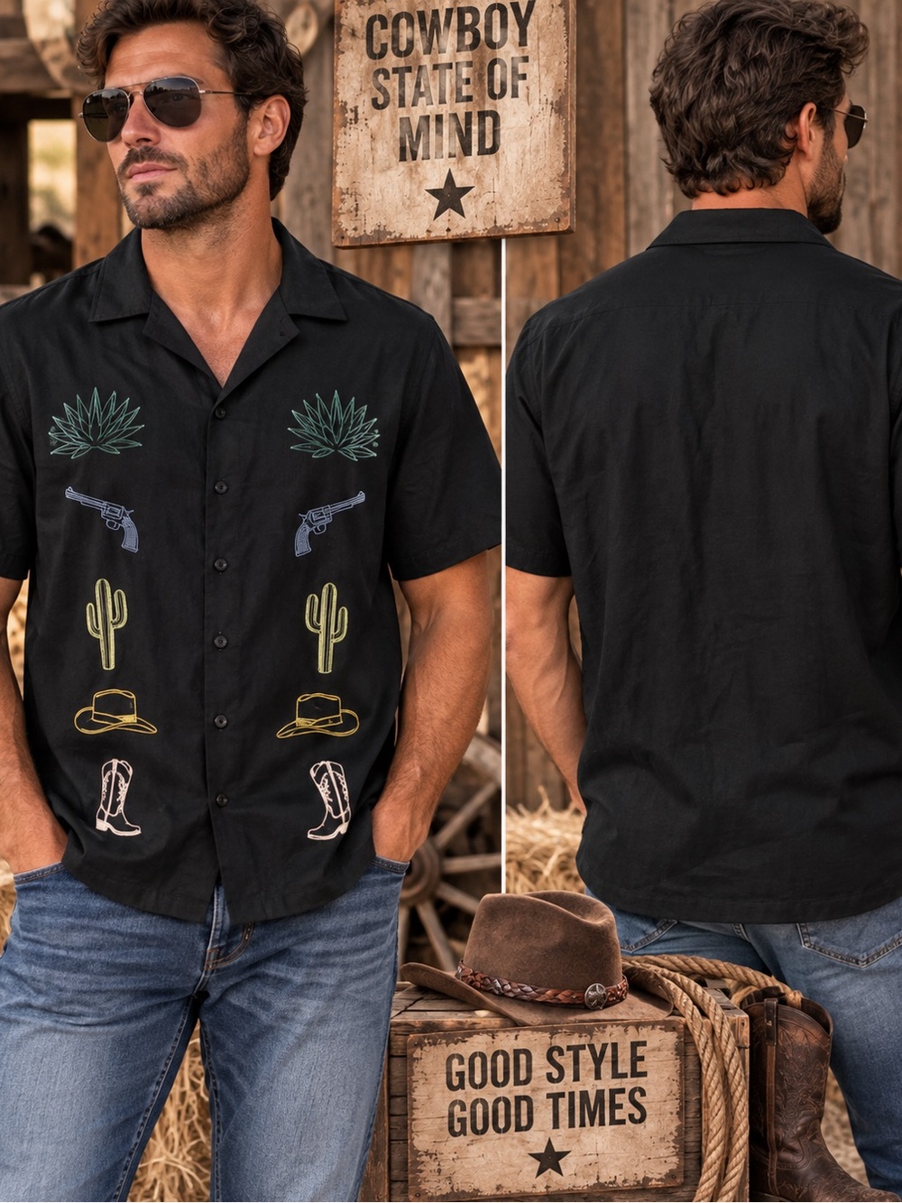 NWT Negative Space Western Cowboy Embroidered Shirt Black L